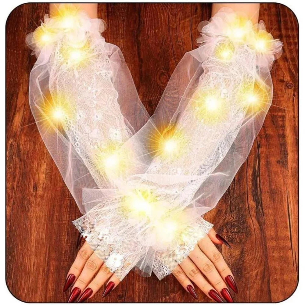 Women's Light Up Led Long Tulle Gloves Elbow Length Arm Sleeves Flower Gloves